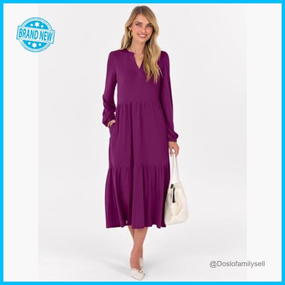 Long Sleeve Maxi Dress Boho Tiered V Neck Flowy Casual Vacation with Pockets - Picture 3 of 7